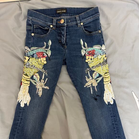 Kids Roberto Cavalli Embroidered Sequin Birds‎ Denim Jeans Size 6 122 - Picture 11 of 16